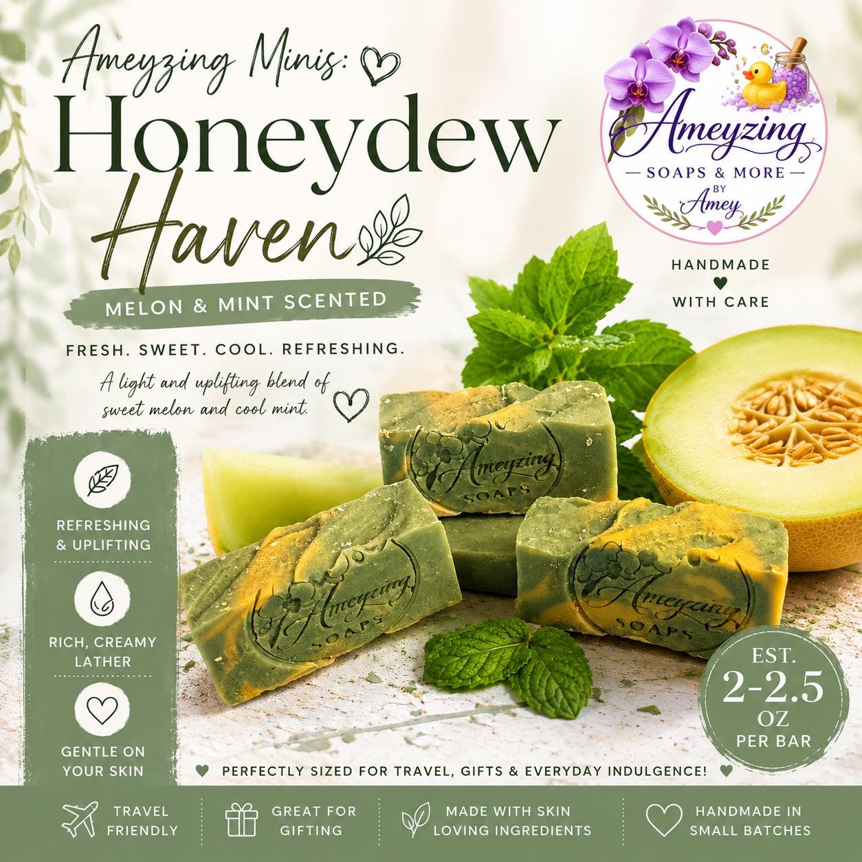 Ameyzing Minis Honeydew Haven Handmade Cold Process Soap