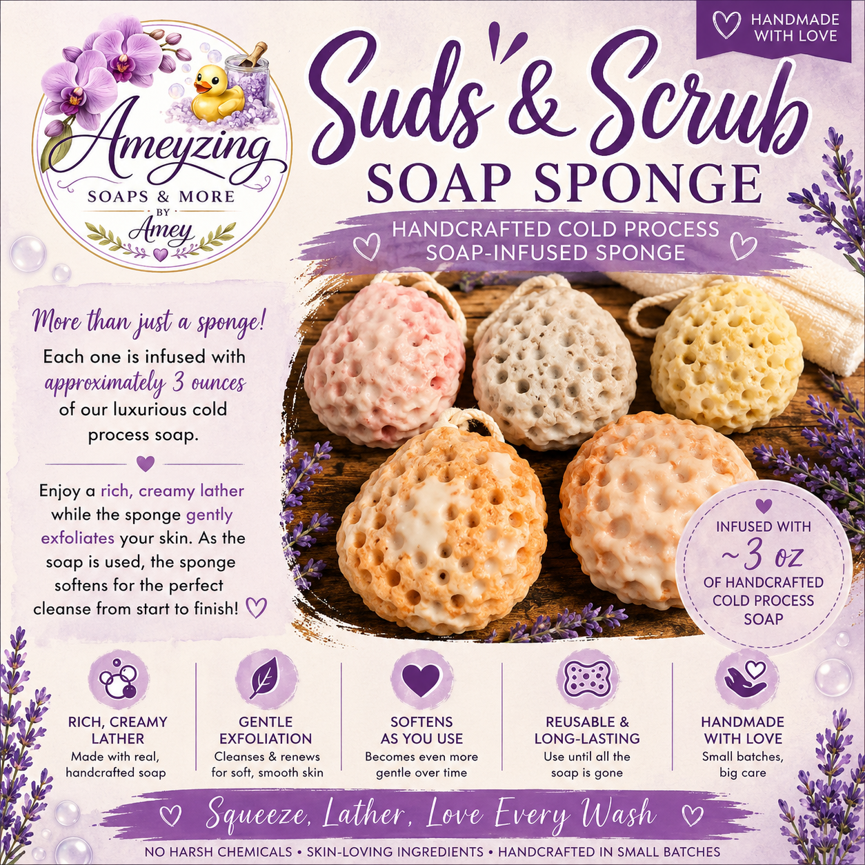 Suds & Scrub™ Soap Sponge Handcrafted Cold Process Soap-Infused Bath Sponge